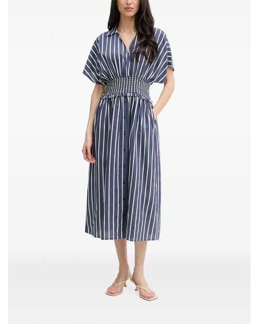 Joseph Ribkoff Blue Vertical-Stripe Smocked-Waist Midi Dress