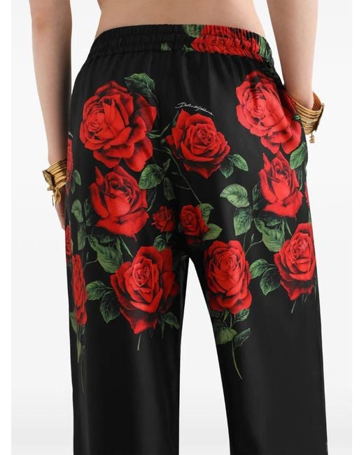 Dolce & Gabbana Red Rose-Print Vanity Silk Trousers