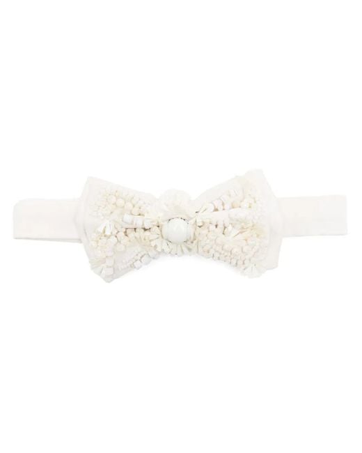 Biyan White Bead-Detailing Silk Bow Tie