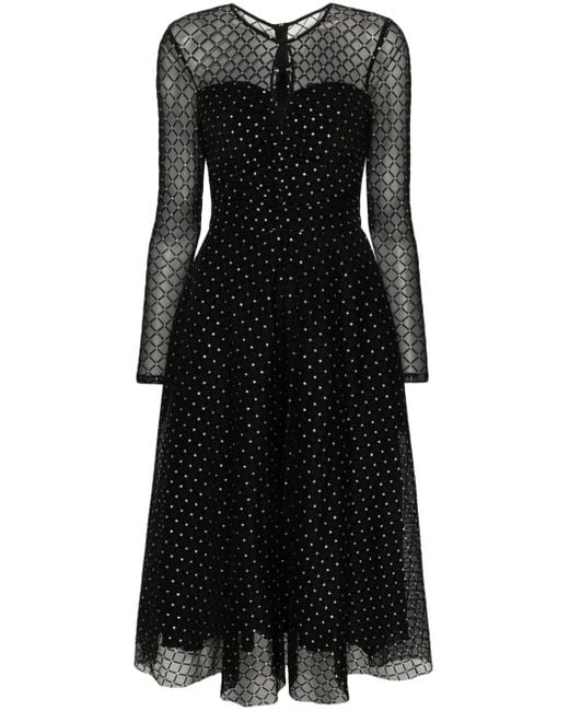 Nissa Black Flock-Print Midi Dress