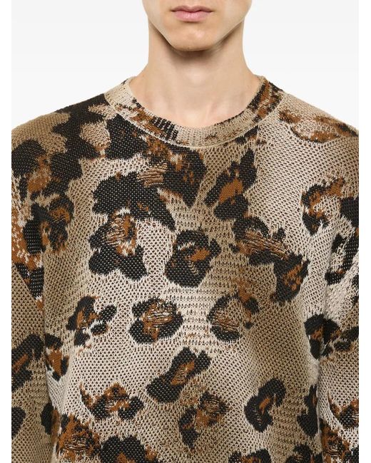 Laneus Brown Leopard Print Knitted Jumper for men