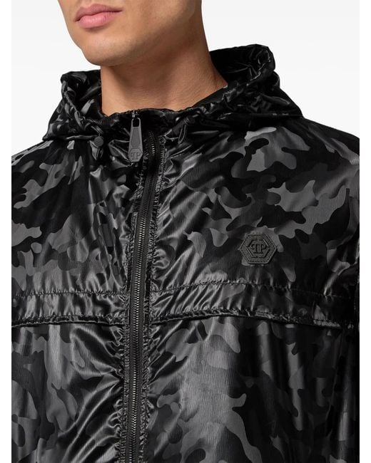 Philipp Plein Black Camouflage-Print Hooded Windbreaker for men