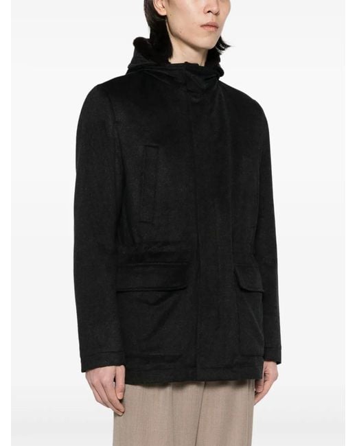 Corneliani Black Hooded Virgin Wool Jacket for men