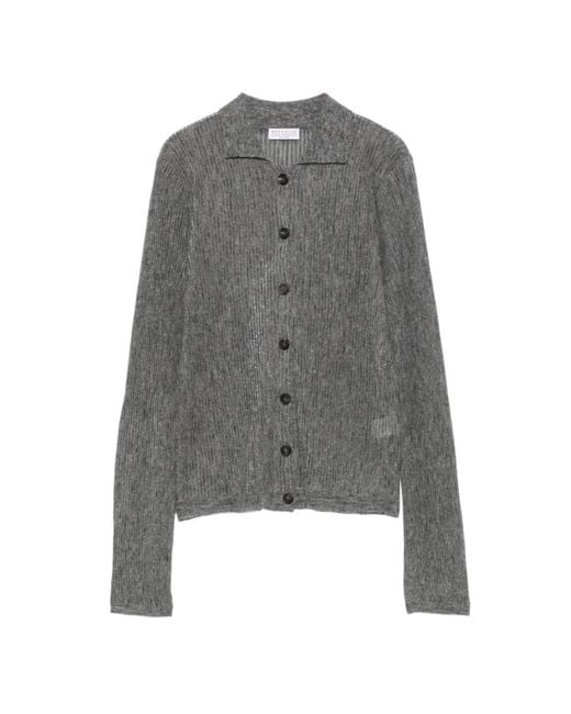 Brunello Cucinelli Gray Ribbed-Knit Button-Up Cardigan