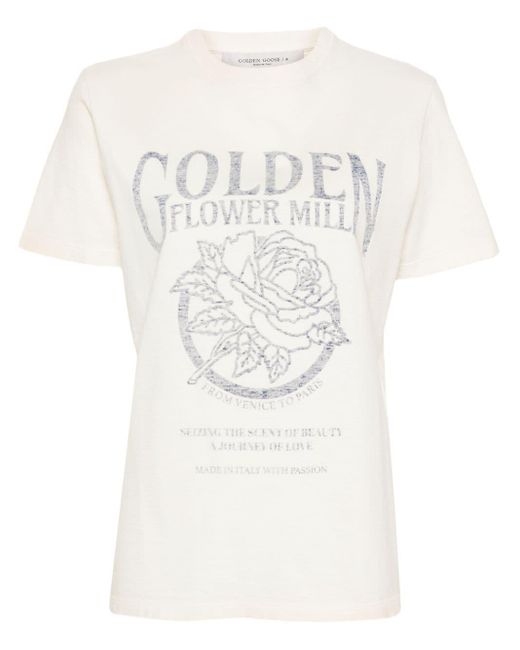 Golden Goose Deluxe Brand White Distressed-T-Shirt mit Logo-Print