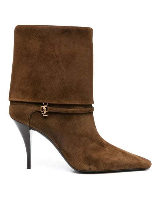 Saint Laurent Brown Suede Stiletto Boots With Metal Monogram