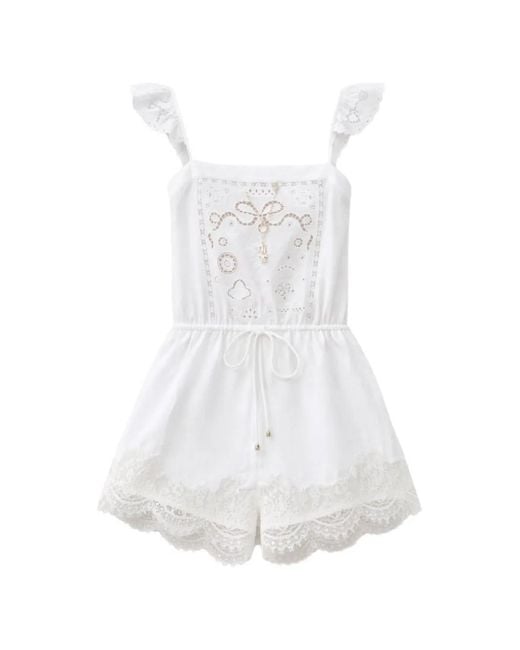 Self-Portrait White Lace Accents Cotton Jumpsuit