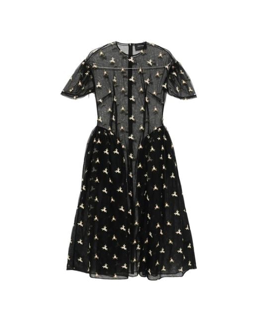 Simone Rocha Black Floral-Embroidered Puff-Sleeve Dress