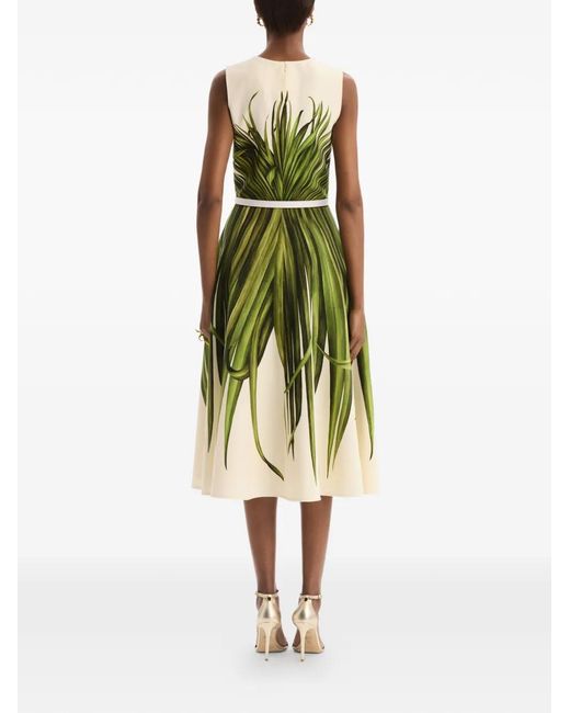 Oscar de la Renta Green Palm Leaves Wool-Blend Dress