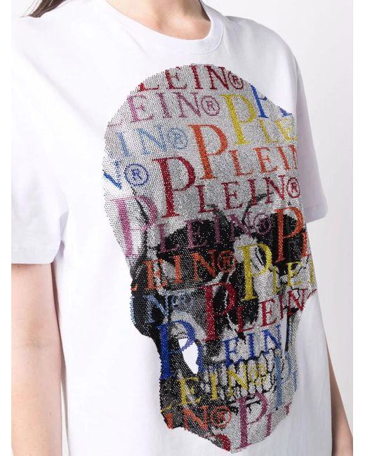 Philipp Plein White Skull Rhinestone Logo T-Shirt Dress