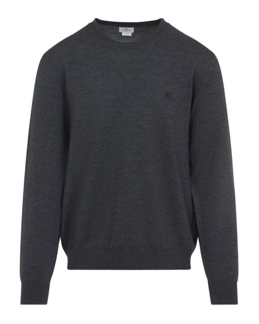 Etro Gray Pegasus-Embroidered Crew-Neck Sweater for men