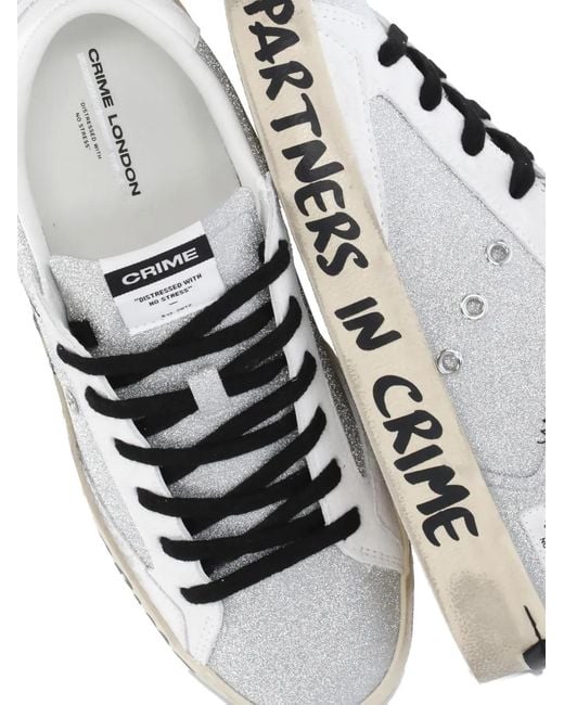 Crime London White Distressed Glitter-Detail Sneakers