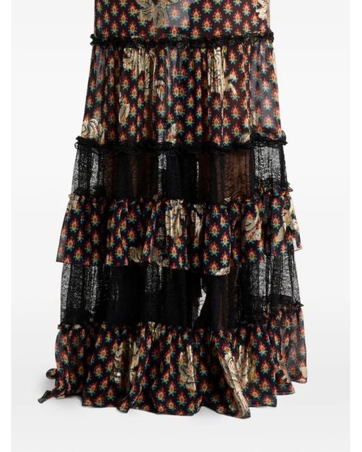 Etro Black Silk And Lace Maxi Skirt With Fil Coupé Roses And Tie-Inspired Motif