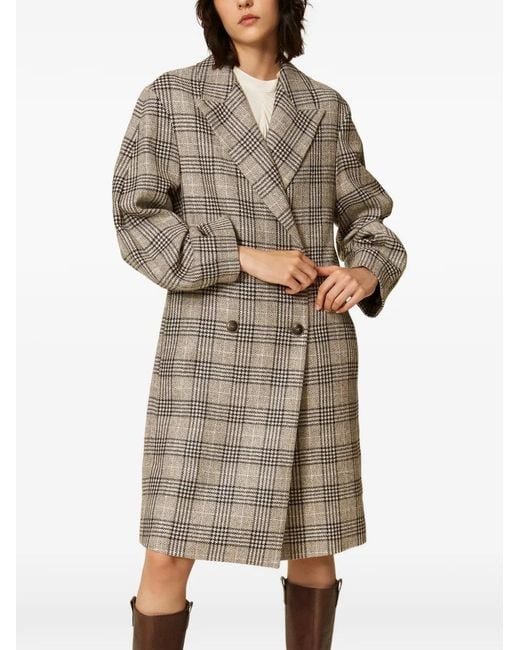 Twinset Natural Chequered Wool Cloth Coat With Sequins
