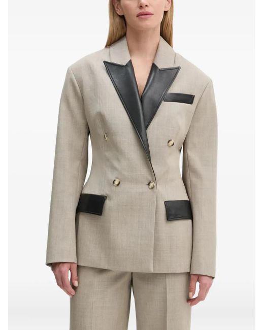 Nanushka Natural Pacey Leather-trimmed Double-breasted Blazer