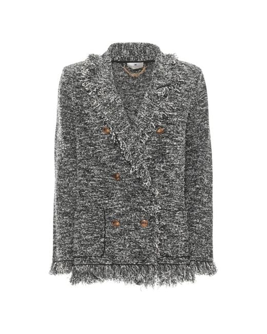 Elisabetta Franchi Gray Frayed Double-Breasted Blazer