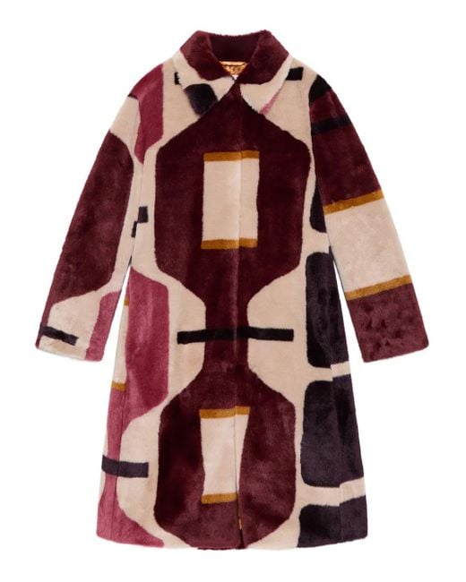 Maliparmi Red Geometric-Pattern Faux-Fur Coat