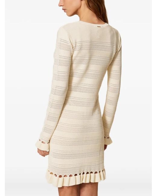 Twinset White Short Knit Dress With Ruffles