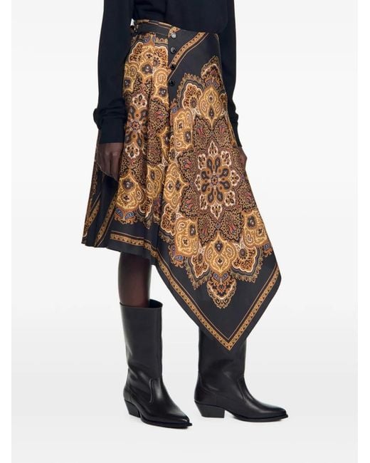 Sandro Natural Scarf-Print Asymmetric Midi Skirt