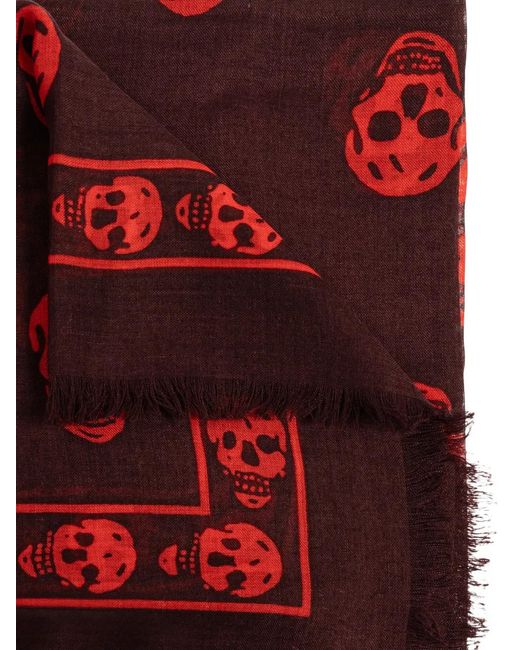 McQueen Red Écharpe Frangée À Motif Tête De Mort for men