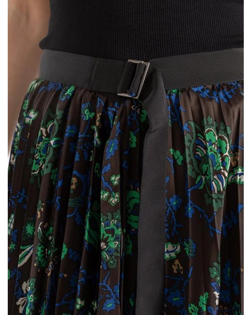 Sacai Blue Floral-Print Pleated Midi Skirt
