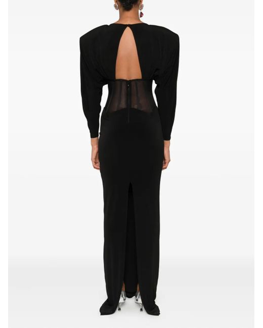 Nissa Black Padded-Shoulder Panel-Insert Maxi Dress