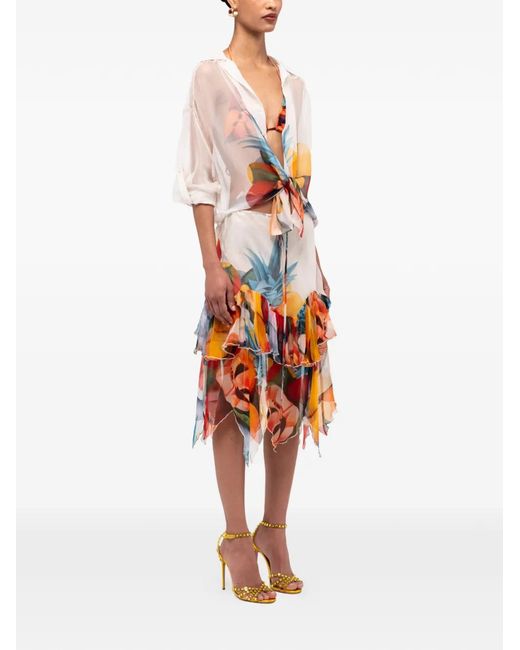 Donde Esteban White Ruffled Chiffon Silk Midi Skirt