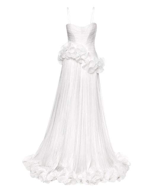 Ana Radu White Ruffled-Appliqué Pleated Gown