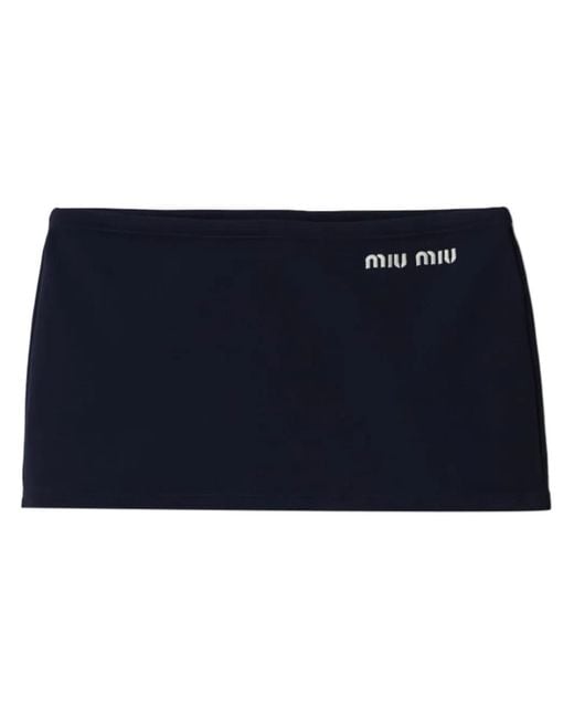 Miu Miu Blue Embroidered-Logo Mini Skirt