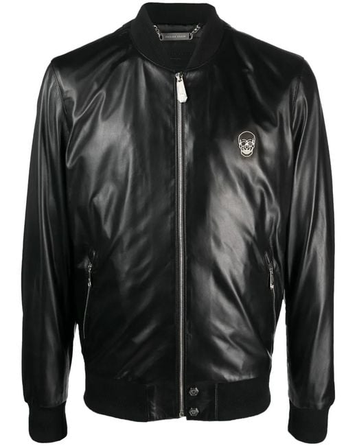 Philipp Plein Black Skull Leather Bomber Jacket for men