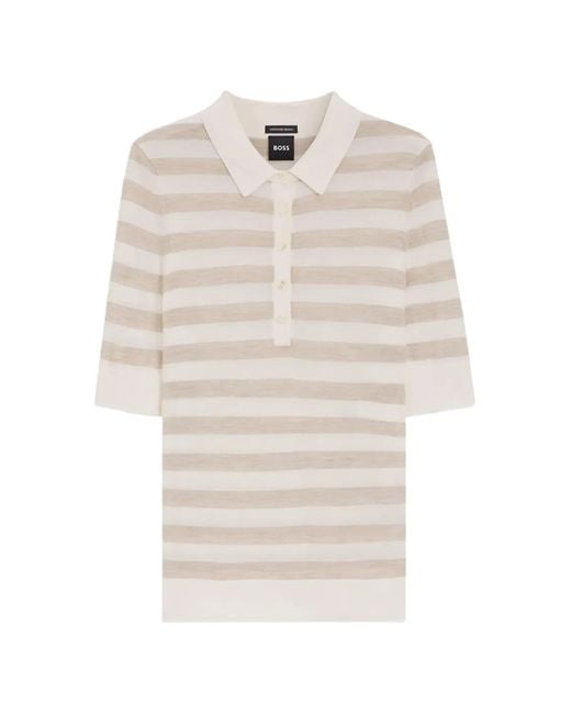 Boss White Striped-Knit Polo Sweater