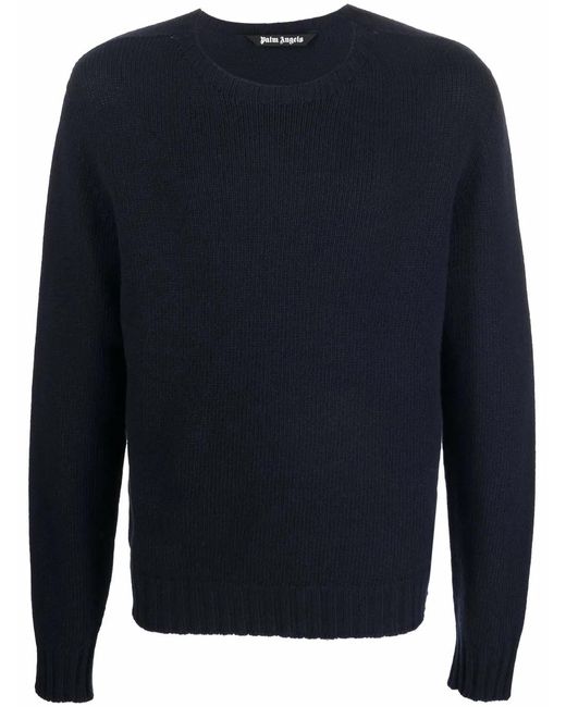 Palm Angels Blue Curved Logo Knit Sweatshirt Navy for men