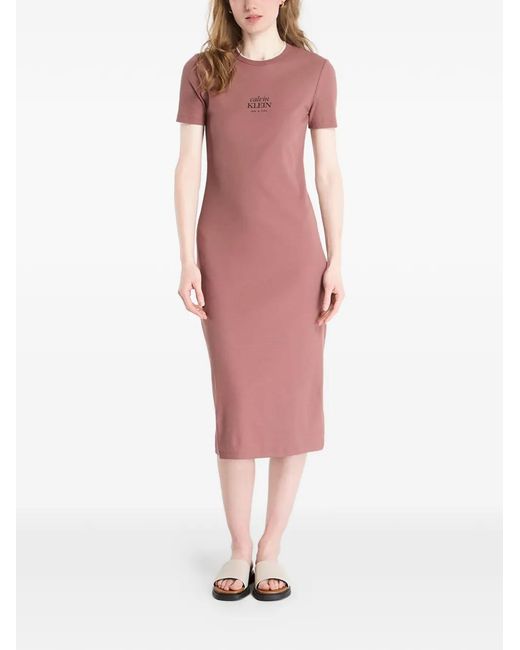 Calvin Klein Pink Logo-Print Ribbed Cotton Midi Dress