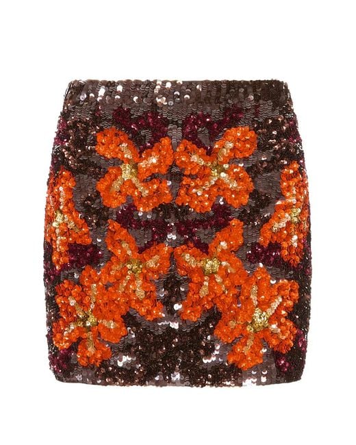 P.A.R.O.S.H. Orange Sequin-Embellished Floral-Pattern Mini Skirt