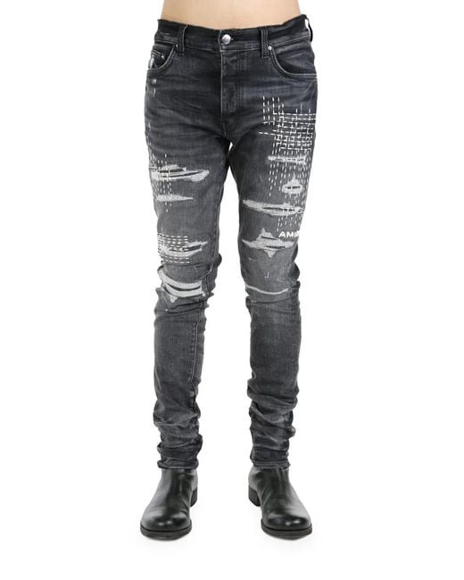 Amiri Gray Boro Repair Skinny Jeans for men