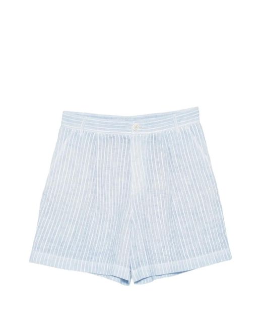 120% Lino Blue Vertical-Stripe Pleated Shorts
