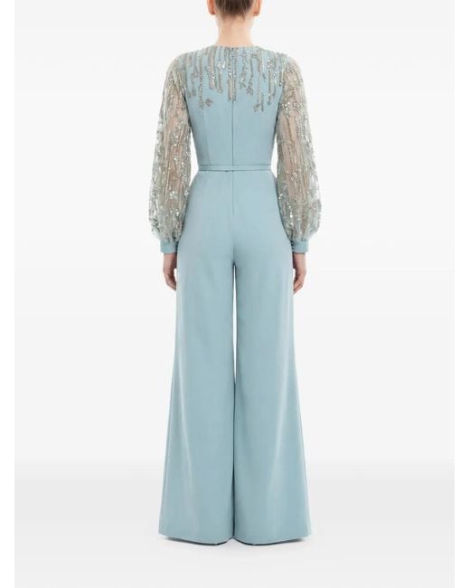 Saiid Kobeisy Blue Beaded V-Neck Belted Jumpsuit