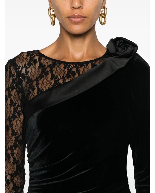 Nissa Black Lace-Insert Velvet Midi Dress