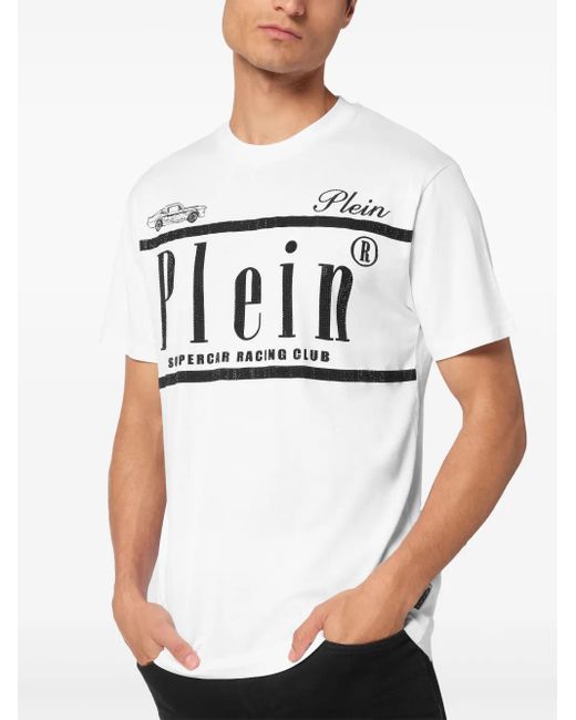 Philipp Plein White Strass Racing Club T-Shirt for men