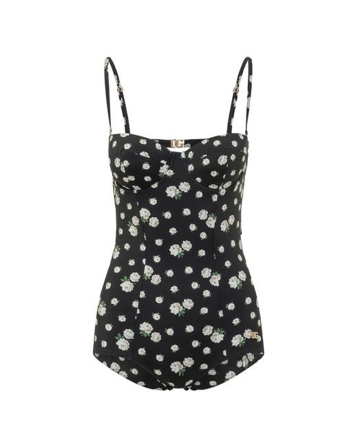 Dolce & Gabbana Black Floral-Print Dg Logo Swimsuit
