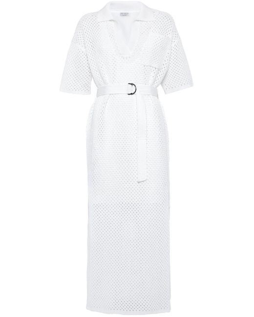 Brunello Cucinelli White Belted Pointelle-knit Dress