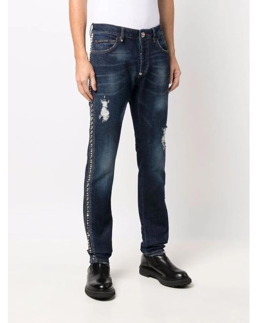 Philipp Plein Blue Distressed Dark Straight Jeans With Metallic Accents for men
