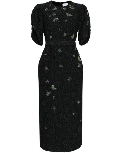 Erdem Black Crystal-embellished Floral-matelassé Midi Dress