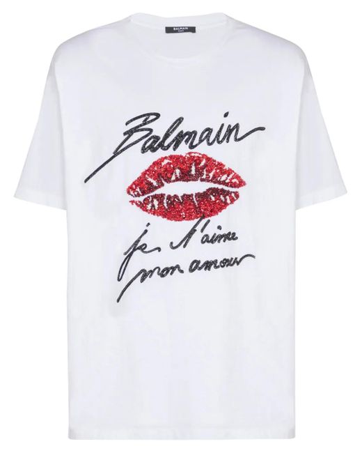 Balmain White Embroidered Lips Graphic T-Shirt for men