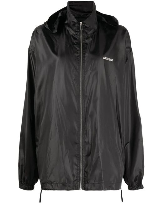 we11done Black Logo-Print Hooded Jacket