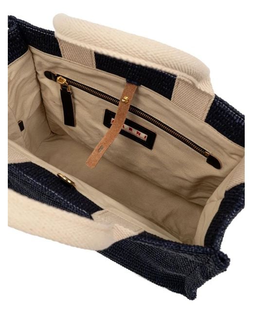 Marni Blue Raffia-Effect Small Tote Bag
