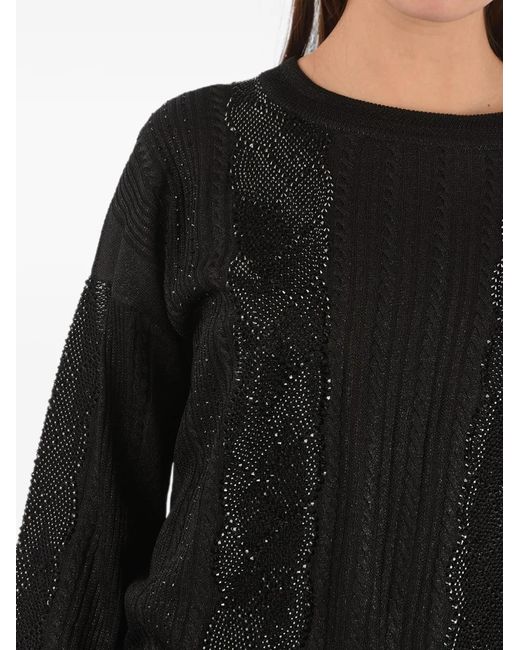 Philipp Plein Black Crystal-Embellished Cable-Knit Sweater