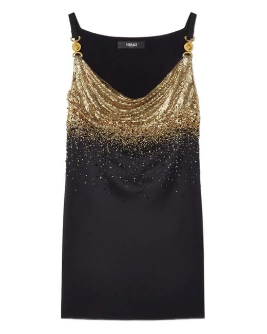 Versace Black Crystal Metal Mesh Satin Mini Slip Dress