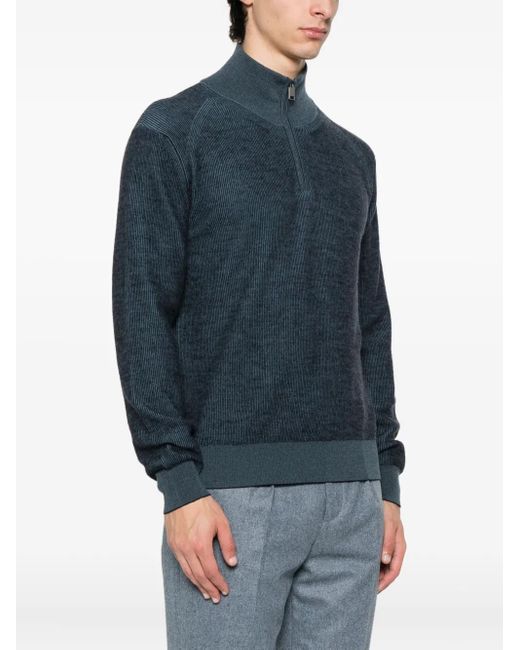 Brioni Blue Ribbed Zip-Neck Sweater for men