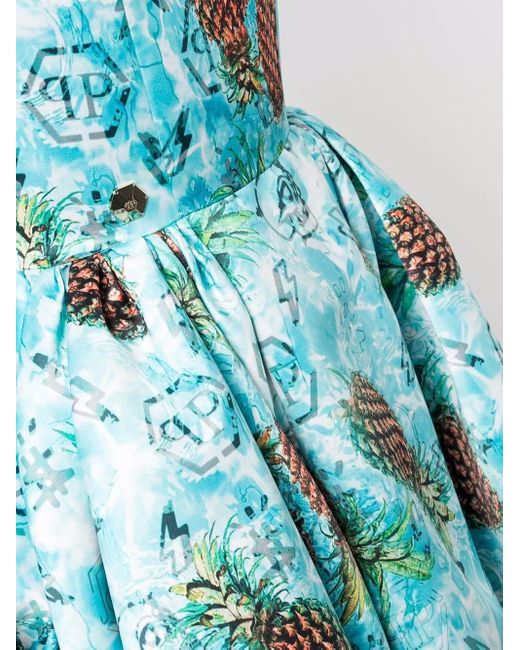 Philipp Plein Blue Duchesse Pineapple Skies-Print Mini Dress